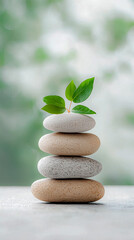 Obraz premium A stack of rocks with a green leaf on top