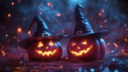 Fototapeta premium Glowing Jack-o'-Lanterns with Witch Hats in a Spooky Halloween Forest