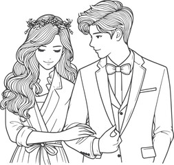 line art wedding husband wife, Mordan, kissing and romantic couple vector design.