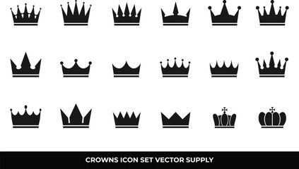 Eighteen black crown icons, royalty, power, leadership.