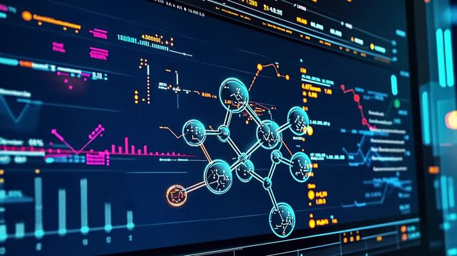 A close-up view of a computer screen displays data visualization and code in a dark room. Bright and colorful graphics, charts, and molecular structures stand out against the dark background,