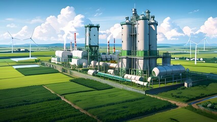 Futuristic carbon capture plant with sleek towers and innovative design set against a clear sky, showcasing advanced technology for climate solutions