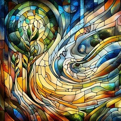 Nature’s Growth in Stained Glass – Colorful Abstract Tree with Generative AI.