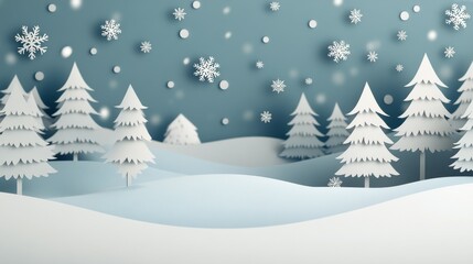 Winter wonderland with paper cut trees and snowflakes against a light blue background