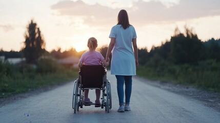 Sunset Walk with Mother and Daughter in Wheelchair