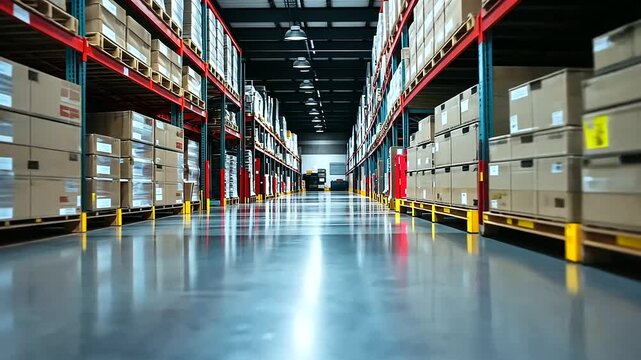 A modern warehouse featuring flexible storage solutions, with movable racks and modular shelving units, ideal for dynamic inventory needs
