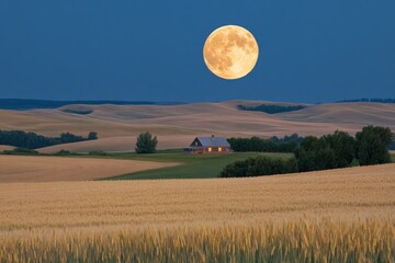 Fototapeta na wymiar A serene landscape featuring a full moon over a rural scene with fields and a cozy house.