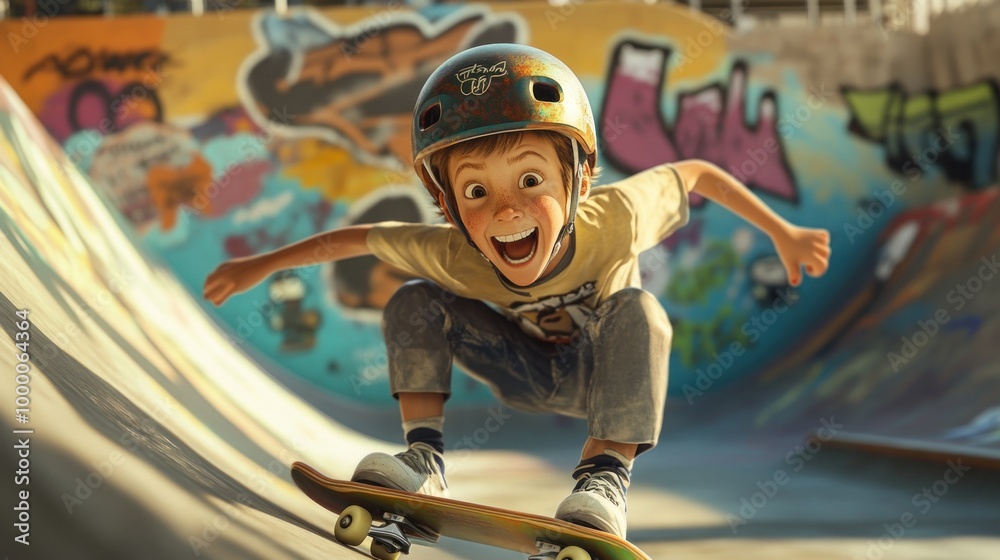 Wall mural A joyful child skateboarding in a colorful skate park with vibrant graffiti.