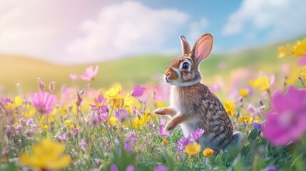 Obraz premium A cute rabbit in a vibrant field of flowers under a bright sky.
