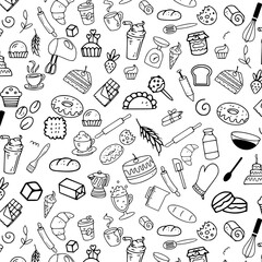 Hand drawn pastry cartoon dessert sweet doodle seamless pattern background bakery clipart, baking clipart, and cake © Ade
