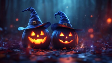 Glowing Jack-o'-Lanterns with Witch Hats in a Spooky Halloween Forest