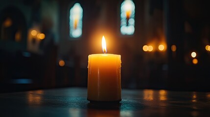 A close-up of a candle being lit in a dark church, with the flame slowly growing brighter, symbolizing hope and faith. The soft light and shadows create an intimate and contemplative atmosphere.
