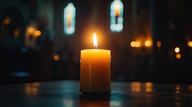 A close-up of a candle being lit in a dark church, with the flame slowly growing brighter, symbolizing hope and faith. The soft light and shadows create an intimate and contemplative atmosphere.