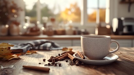 Cozy Autumn Morning with a Cup of Spiced Tea in a Bright Kitchen