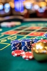 Fototapeta premium Colorful chips stacked on a roulette table in a busy casino with bright lights at night