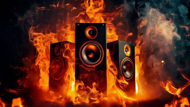 Three audio speakers are engulfed in flames on black background. Generated AI. 