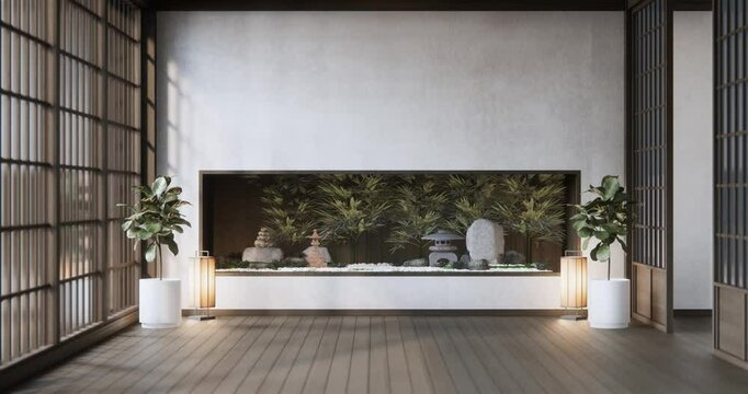 concept mockup living room zen style empty wall background.3D rendering