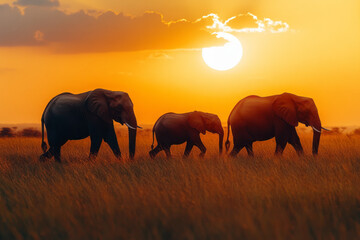 Naklejka premium A family of elephants walking in a line across the safari landscape, with their silhouettes against the setting sun,