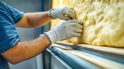 Worker installs yellow rock wool insulation in a commercial building for temperature control and energy efficiency