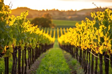 Fototapeta premium Golden Leaves of a Vineyard at Sunset