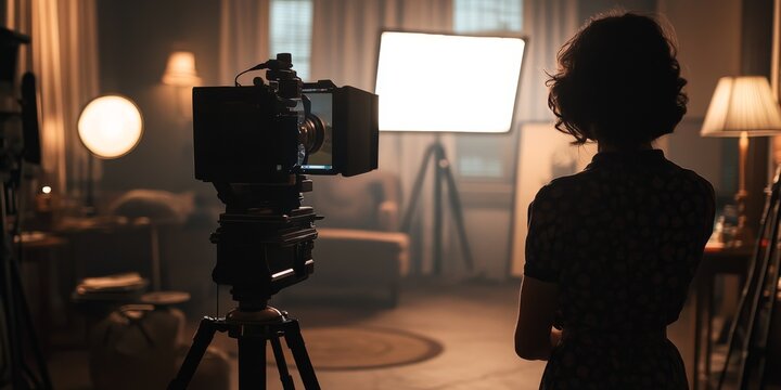 woman is setting up camera for content creator in room