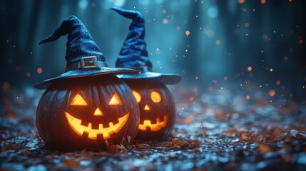 Fototapeta premium Glowing Jack-o'-Lanterns with Witch Hats in a Spooky Halloween Forest