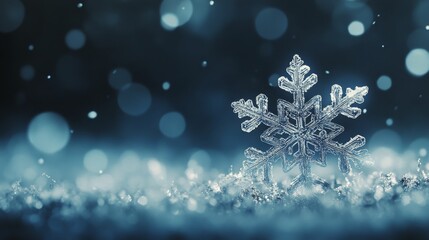 Beautiful snowflake resting on glittering frost under a serene winter sky at night