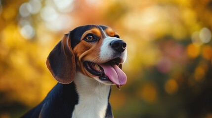 A happy beagle dog with a joyful expression in a colorful autumn setting.