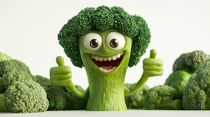 A cheerful cartoon broccoli character giving thumbs up, surrounded by real broccoli.