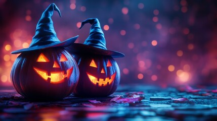 Fototapeta premium Glowing Jack-o'-Lanterns with Witch Hats in a Spooky Halloween Forest