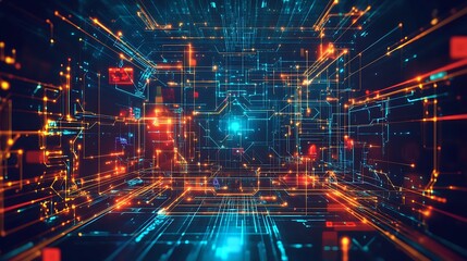 Obraz premium Abstract digital network with glowing lines and squares in blue, red, and orange colors, symbolizing the internet, information, and technology.