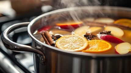 Simmering Pot of Mulled Cider with Orange, Apple Slices, Cinnamon, and Star Anise