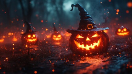 Fototapeta premium Glowing Jack-o'-Lanterns with Witch Hats in a Spooky Halloween Forest
