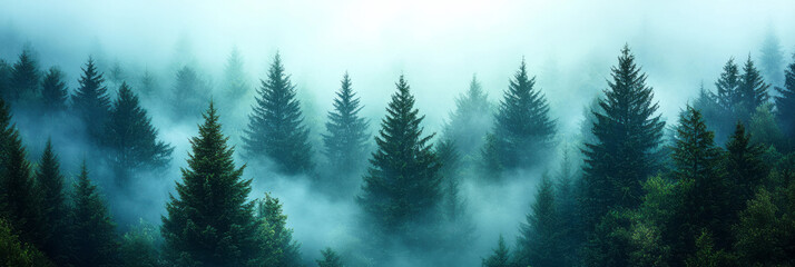 Obraz premium A dense forest of towering fir trees, isolated on a pastel blue background, showcasing natureâ€™s grandeur,