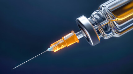 Close-up of a glass syringe filled with orange liquid, featuring a needle, resting against a dark blue background in macro detail