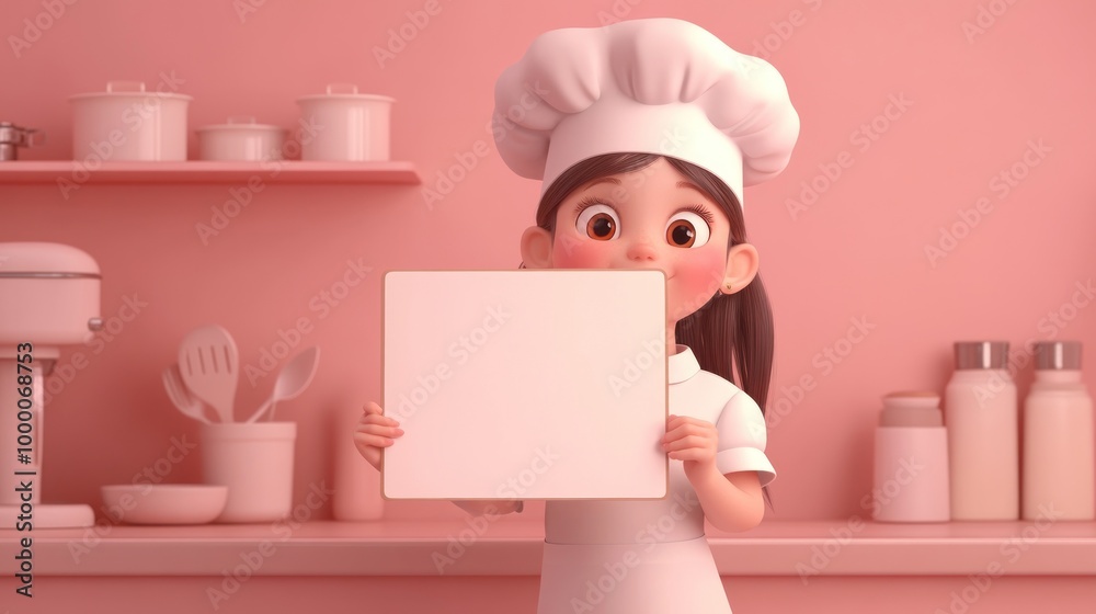 Canvas Prints A cheerful young chef holds a blank sign in a pastel-colored kitchen.