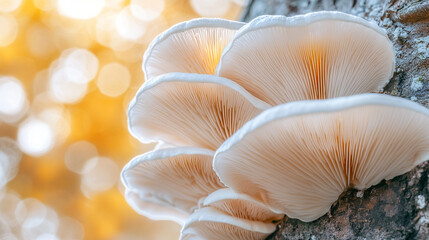 photo of pale oyster mushrooms growing in clusters on the side of a tree. 