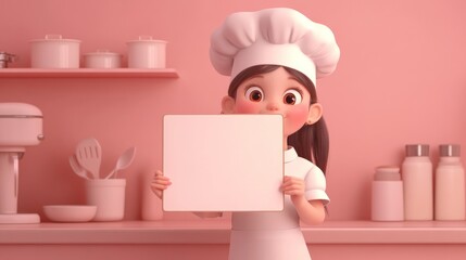 A cheerful young chef holds a blank sign in a pastel-colored kitchen.