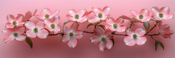 Fototapeta premium A blooming dogwood tree, isolated on a pastel pink background, symbolizing renewal and hope,