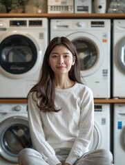 Young woman sitting in front of laundry machines at home