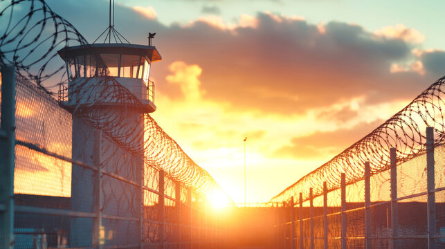 A prison entrance featuring a high fence with barbed wire and a guard tower under a captivating sunset sky