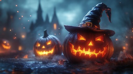 Fototapeta premium Glowing Jack-o'-Lanterns with Witch Hats in a Spooky Halloween Forest