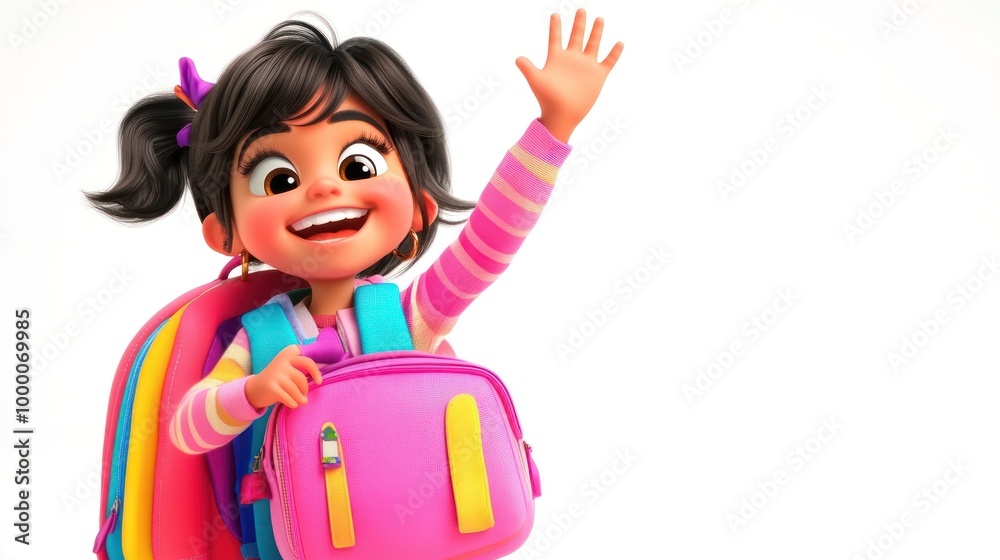 Poster A cheerful girl with a backpack waves happily, embodying excitement for school or adventure.