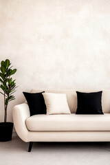 Fototapeta premium Stylish modern living room interior featuring a cream sofa with decorative pillows and a potted plant against a beige wall