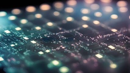 Obraz premium Close-up of a circuit board with glowing lights.