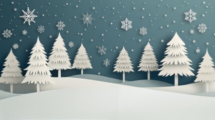 Obraz premium Winter wonderland with paper cut trees and snowflakes against a light blue background