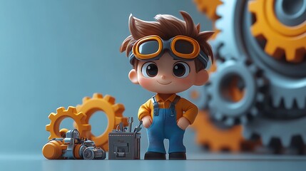 Cute Chibi Engineer with Safety Goggles and Gears