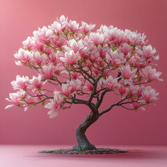 A vibrant magnolia tree in bloom, isolated on a pastel pink background, representing beauty and elegance,