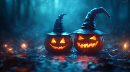 Fototapeta premium Glowing Jack-o'-Lanterns with Witch Hats in a Spooky Halloween Forest