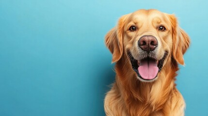 A smiling golden retriever against a blue background, showcasing its friendly demeanor.